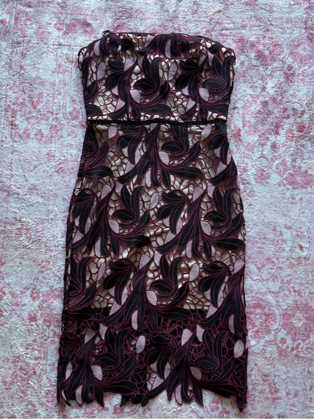 Lulu's Strapless Black Lace Sheath Dress with Mauve Lining